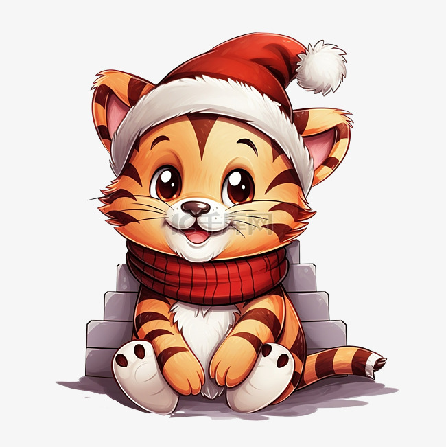 可爱的老虎，戴着圣诞老人的帽子
