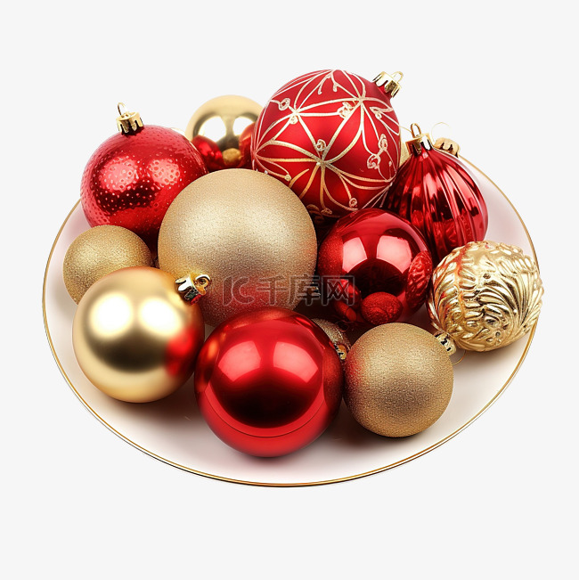 红色和金色的节日圣诞装饰品与盘