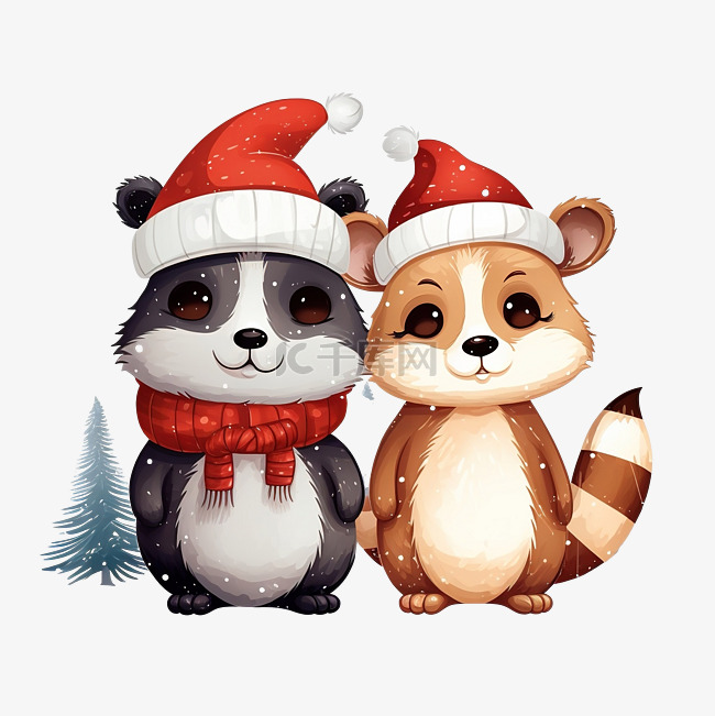 圣诞贺卡可爱卡通猫熊猫和老鼠在