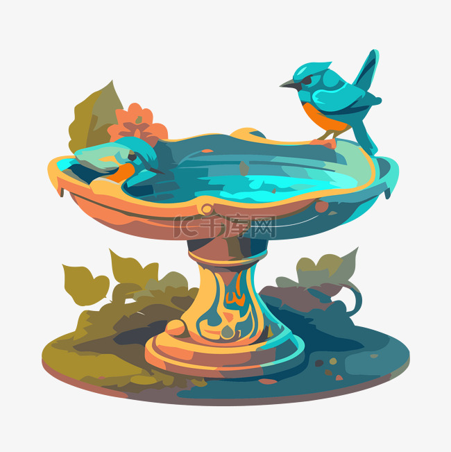 水盆剪贴画鸟在花园插图与蓝鸟卡