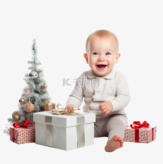 带礼品盒圣诞树和壁炉的有趣婴儿