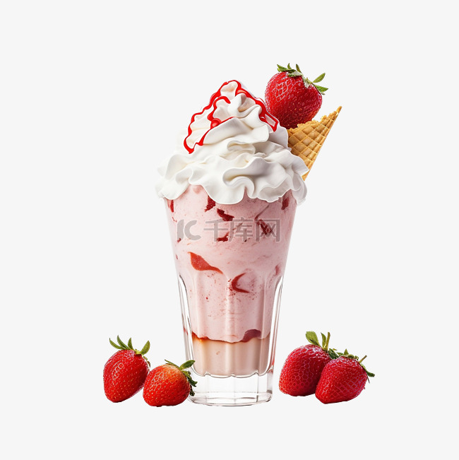 一杯草莓奶昔和蛋卷冰淇淋