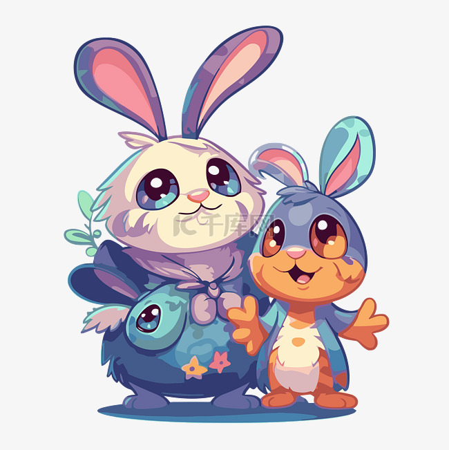 卡通野兔和两只可爱的兔子剪贴画