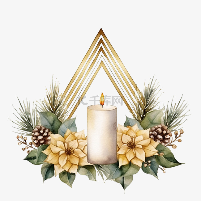 几何金框，配有水彩圣诞树蜡烛冬