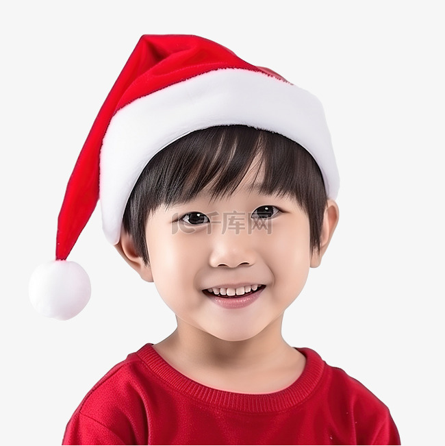 亚洲小孩穿着红色圣诞老人帽子，