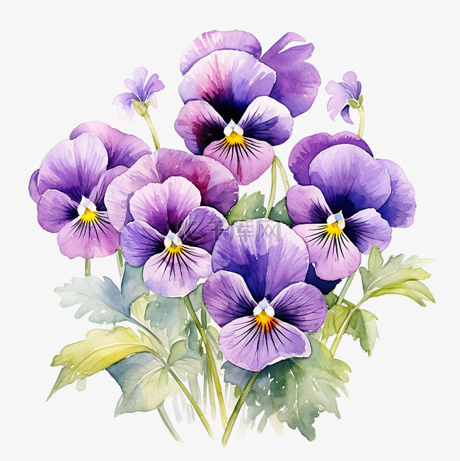 紫色三色堇花的水彩画