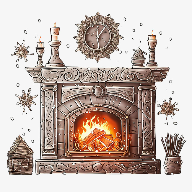 砖砌的壁炉，燃烧着木柴，漂亮的