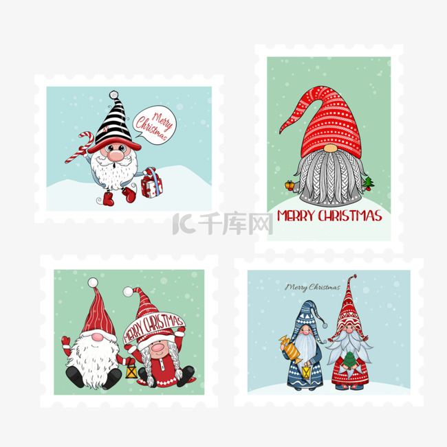 圣诞侏儒邮票组合下雪