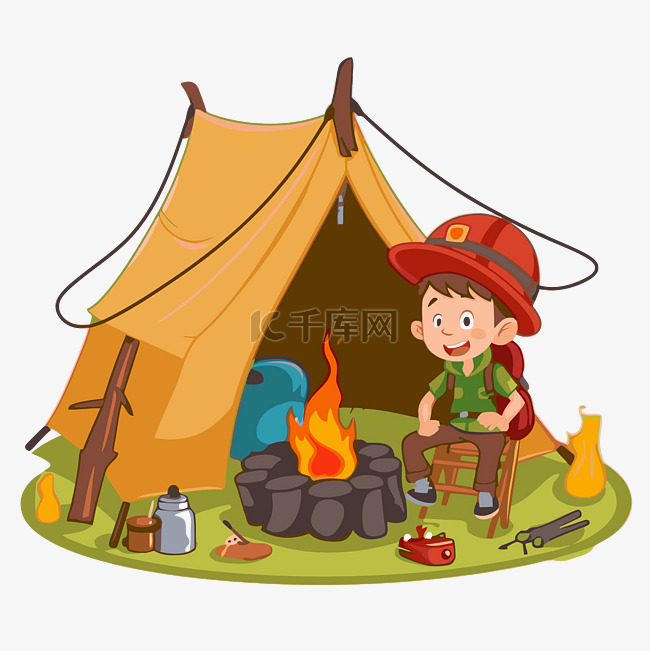 露营剪贴画 露营卡通男孩在帐篷