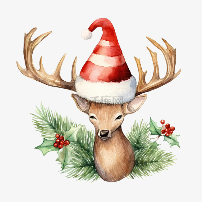 圣诞圣诞老人帽子与鹿茸水彩插图