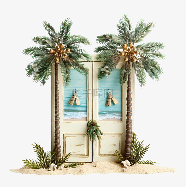 微型圣诞树，门可俯瞰海滩和棕榈
