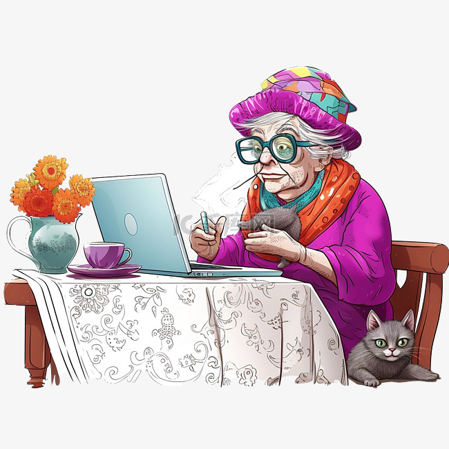 有趣的奶奶坐在桌边，拿着笔记本