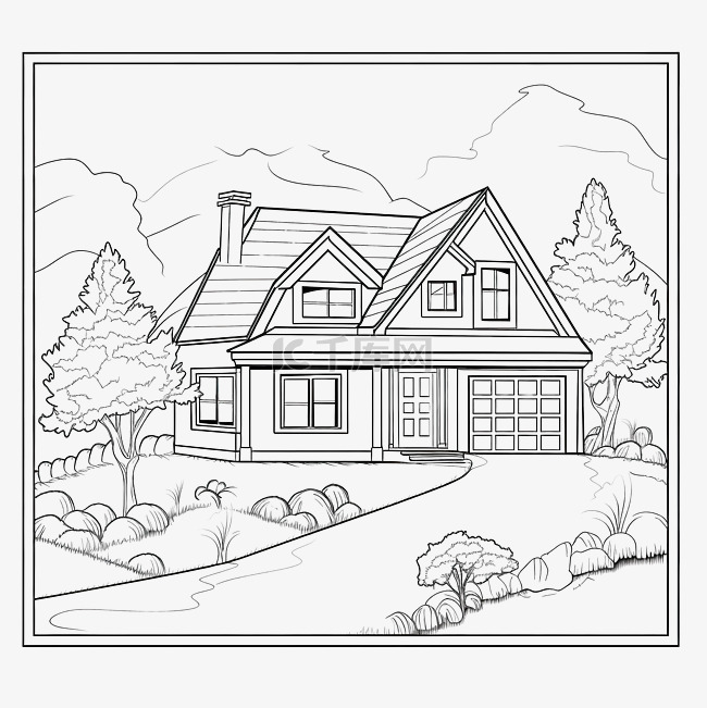 线条艺术手绘草图风格的房屋景观