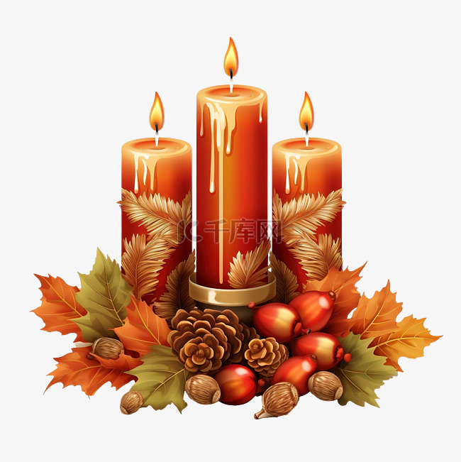 庆祝蜡烛橡子和树叶的感恩节快乐