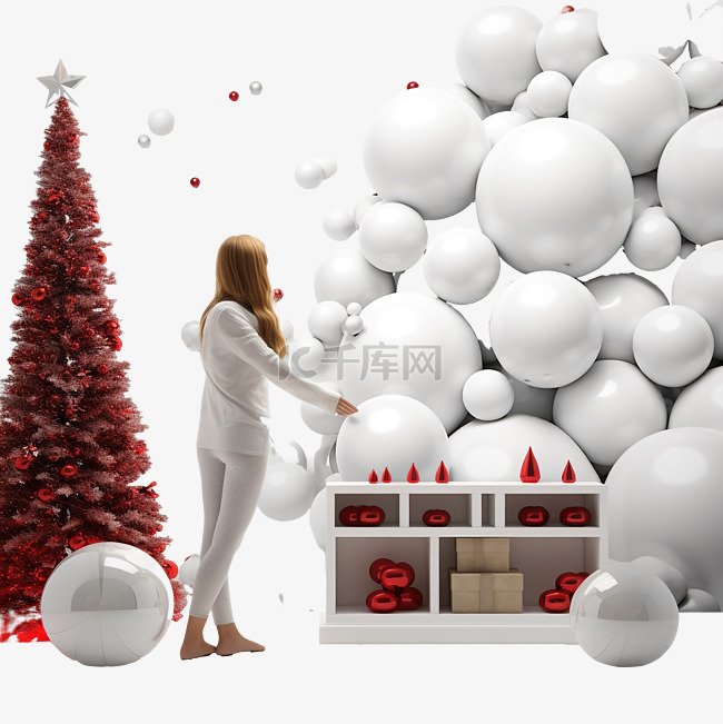 女孩客厅装饰树球烟囱庆祝圣诞快