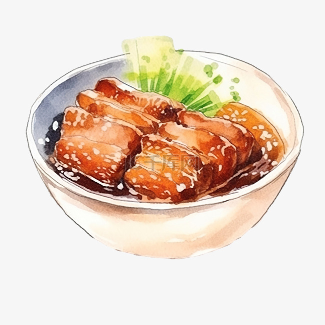 水彩日本料理妈妈叉烧猪肉