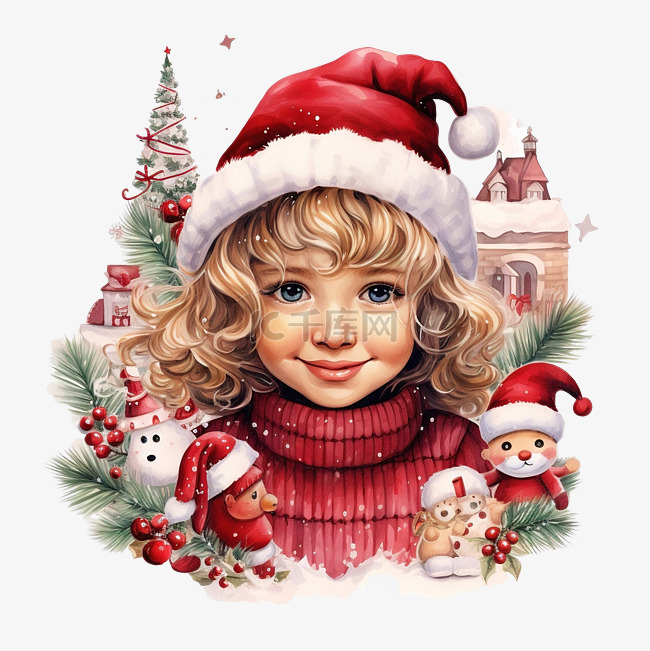 被圣诞元素包围的笑脸小女孩前视