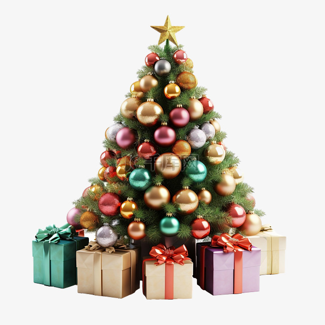 圣诞树上有彩色球和白色礼品盒