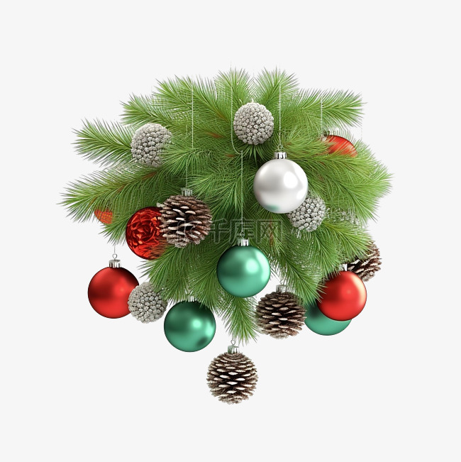 圣诞树的绿色树枝装饰着锥体和彩