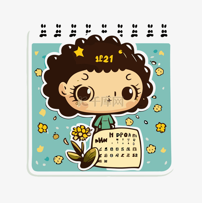 卡通日历与一个女孩拿着鲜花剪贴
