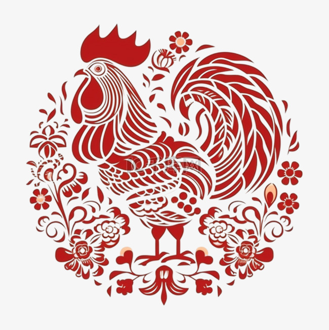 红色剪纸风传统十二生肖鸡PNG