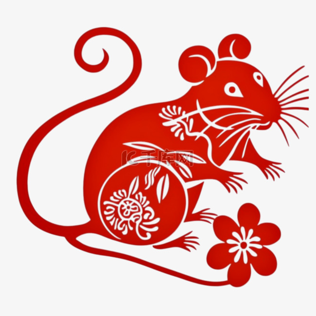 红色传统剪纸十二生肖鼠设计