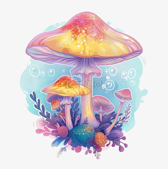 蘑菇植物彩色梦幻插画免抠元素