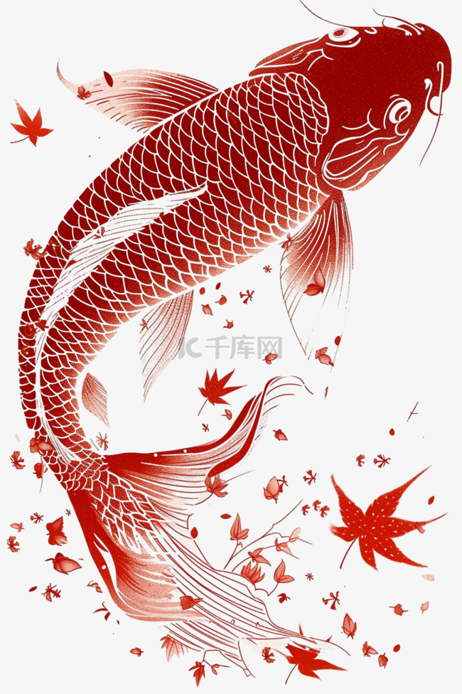 红色锦鲤手绘描边元素免抠