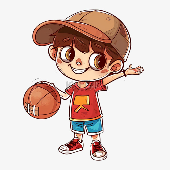 手绘元素可爱男孩拿着篮球卡通