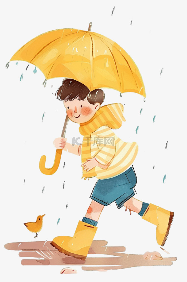 卡通可爱男孩雨中玩耍手绘元素