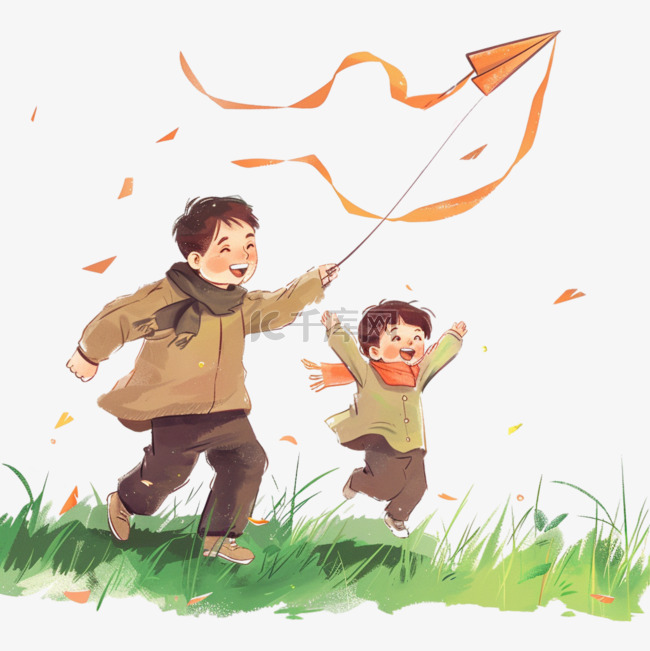 春天父子元素草丛放风筝手绘