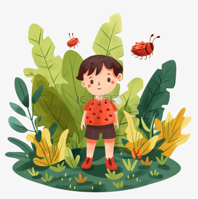 春天植物手绘元素男孩卡通