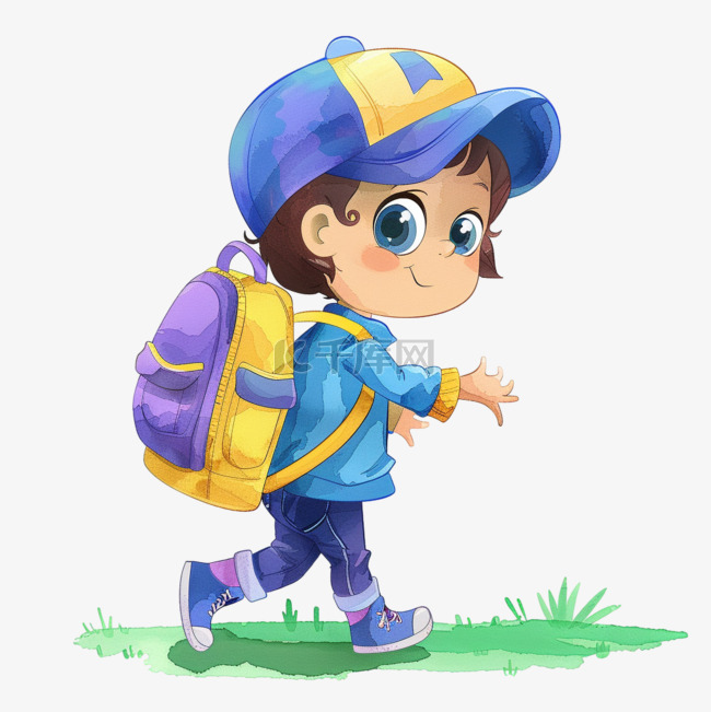 卡通可爱男孩背书包上学手绘元素