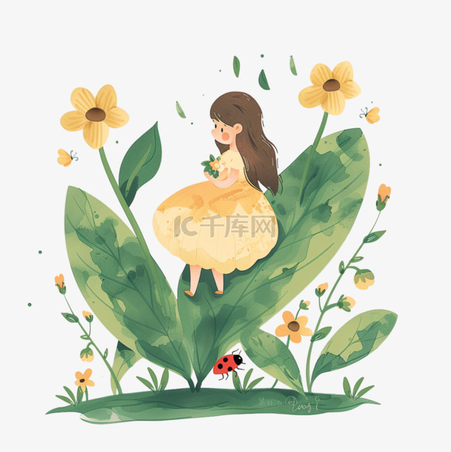 女孩植物春天花朵手绘插画元素
