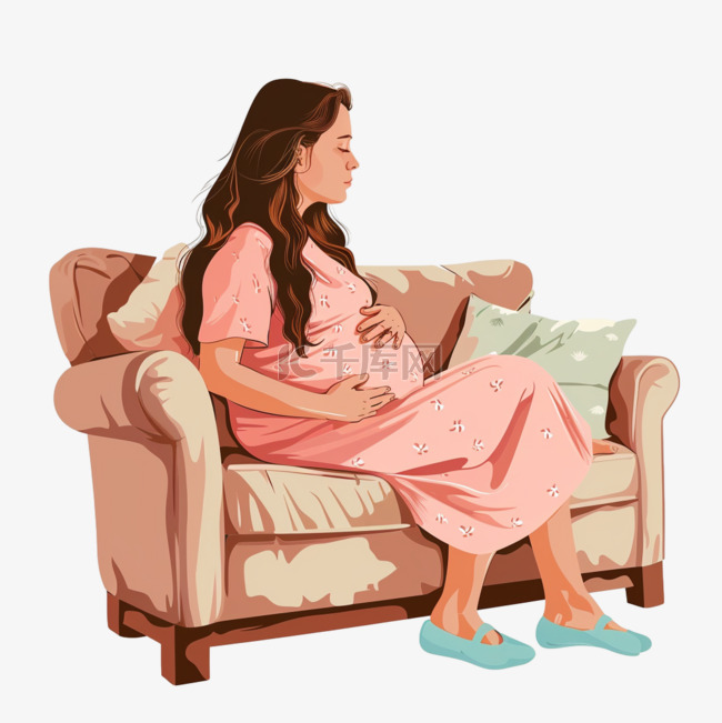 女人孕妇坐在慵懒沙发上手绘元素