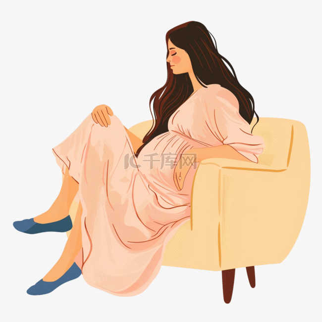 女人孕妇坐在沙发上元素慵懒手绘