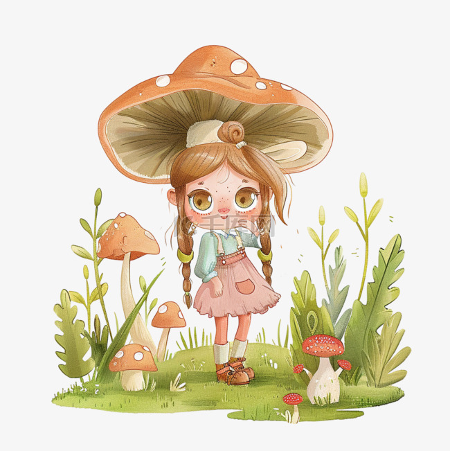 可爱女孩春天植物蘑菇手绘元素