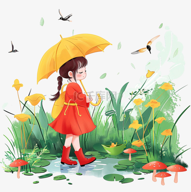 春雨可爱女孩植物春天手绘元素