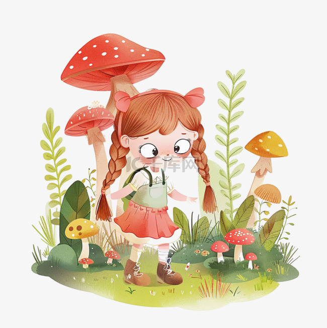 可爱女孩植物蘑菇手绘元素春天
