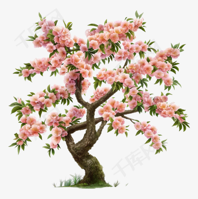 春天一棵桃花树简约插画免抠元素