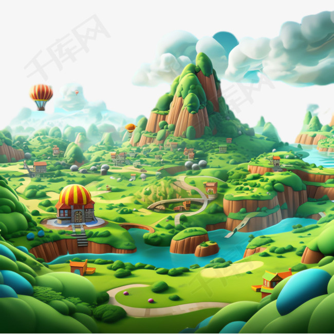 热气球山村元素立体免抠图案