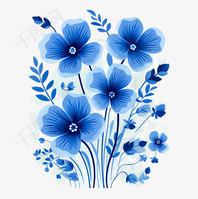 蓝色花朵元素立体免抠图案