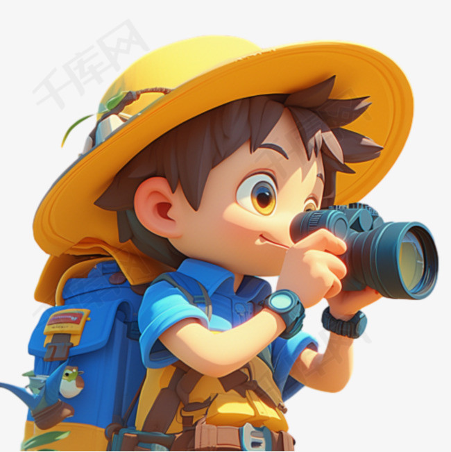 露营徒步的男孩3D卡通形象PNG素材