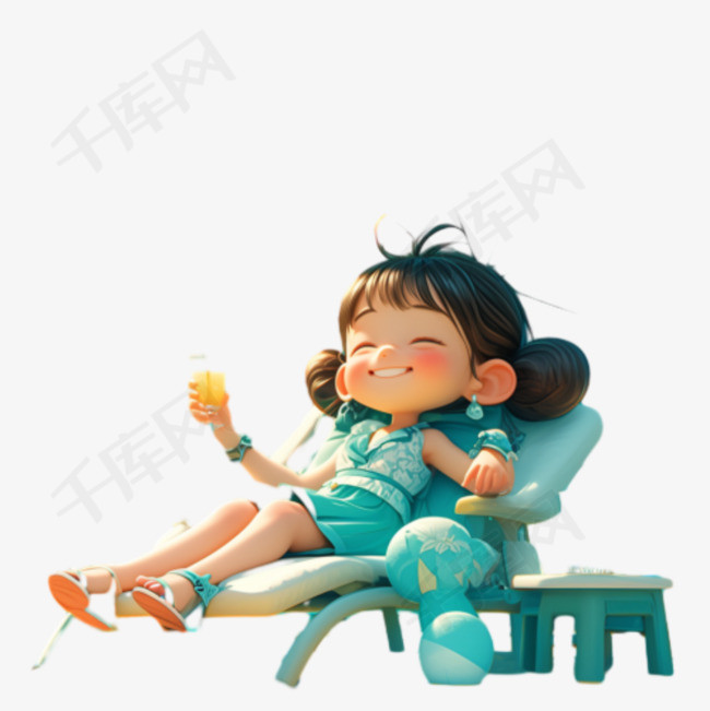 夏天海滩边躺椅上女孩3D卡通形