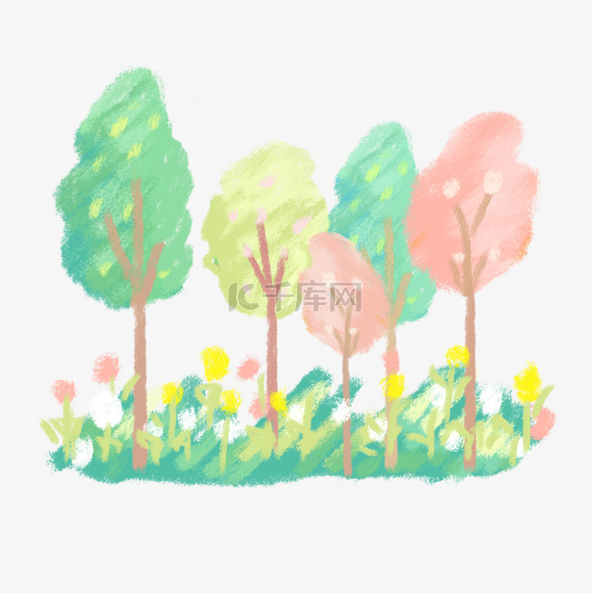 春季风景涂鸦手绘卡通树林草丛花