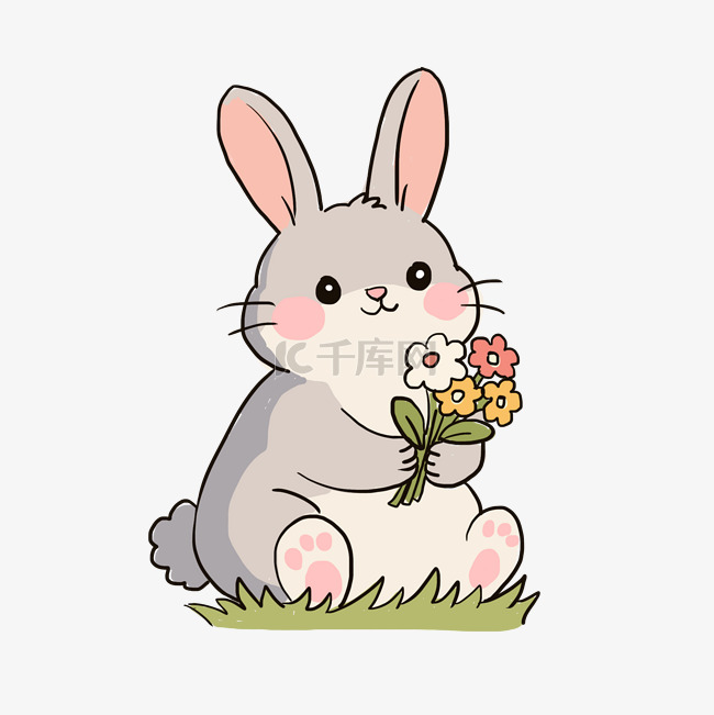 手绘卡通春天兔子赏花免抠元素