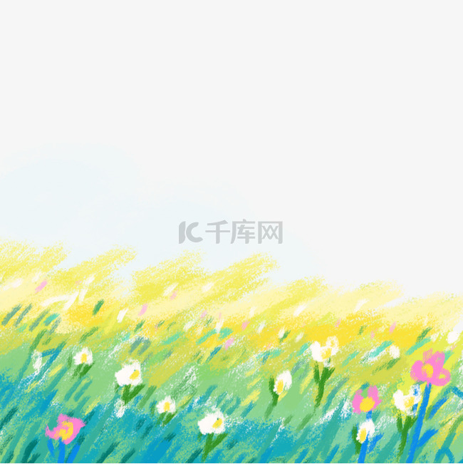 春季风景蓝天白云青草鲜花涂鸦手