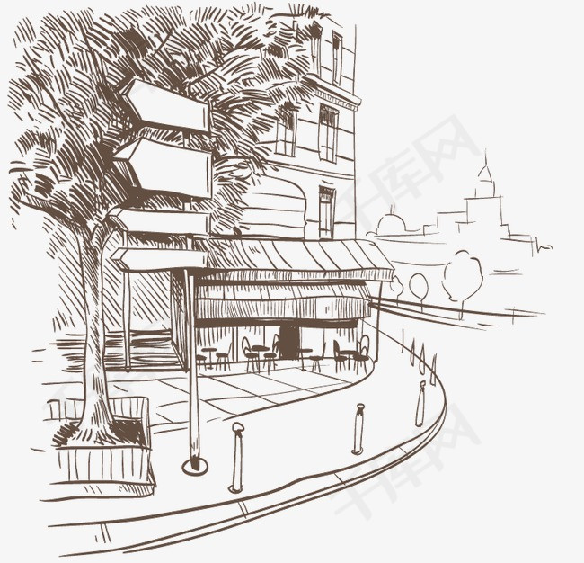 手绘街边风景房子风景手绘素描速写