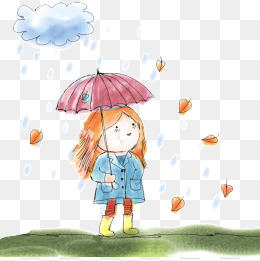 卡通手绘穿雨衣打着雨伞小女孩
