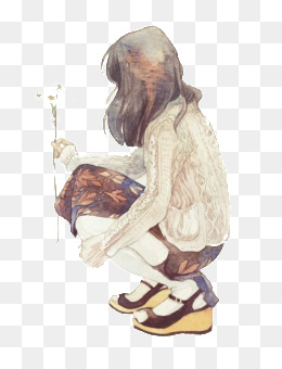 手绘卡通水彩水墨童话小白兔和小女孩